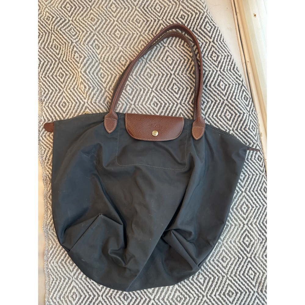 Longchamp Le Pliage Large Black Nylon Tote Bag with Brown Leather